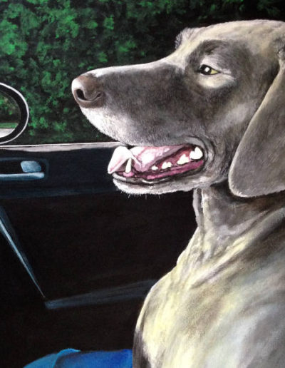 Grey Dog in Front Passenger Seat. Painting by Kermit Eisenhut