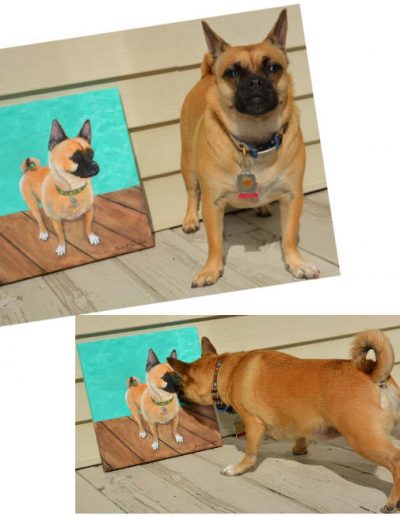 Dog inspecting his own pet portrait painted on canvas by Kermit Eisenhut