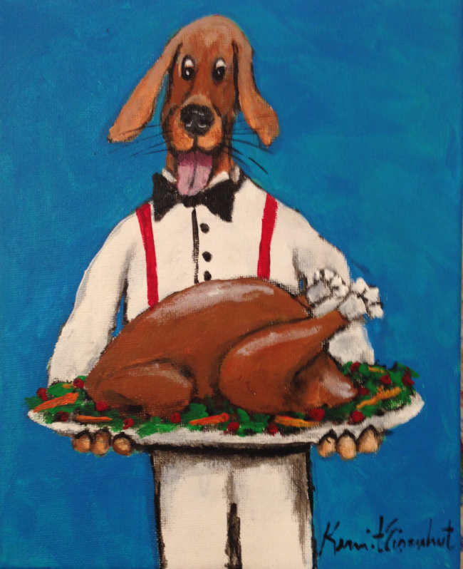 Thanksgiving turkey dinner - dog as waiter. Whimsical painting by Kermit Eisenhut