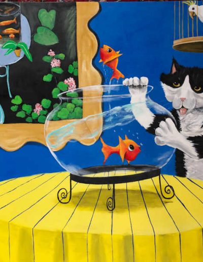Whimsical painting on canvas by Kermit Eisenhut - Cat attacking the goldfish