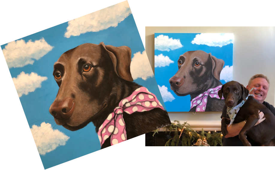 Pet owner receiving his per portrait - dog with a pink/white polkadot bandana